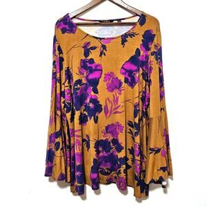 IMAN Global Chic Flounce Sleeve Top Mustard Yellow Purple Pink Floral Size 2X